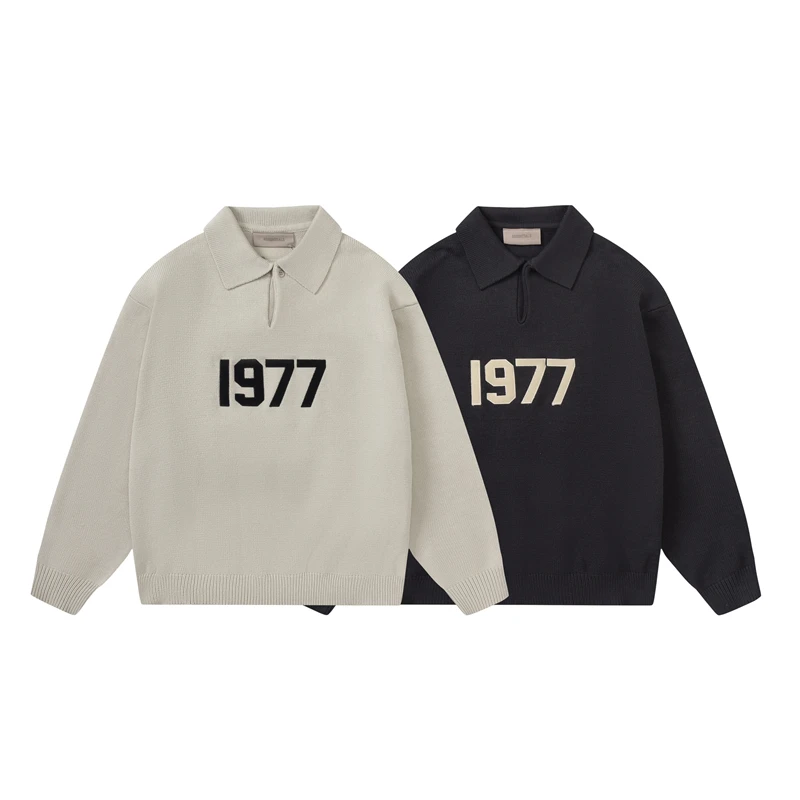 

New Polo V-neck 1977 Essentials Jacquard Knit Sweater Men Women 1:1 High Quality Oversize Sweatshirts Hip hop