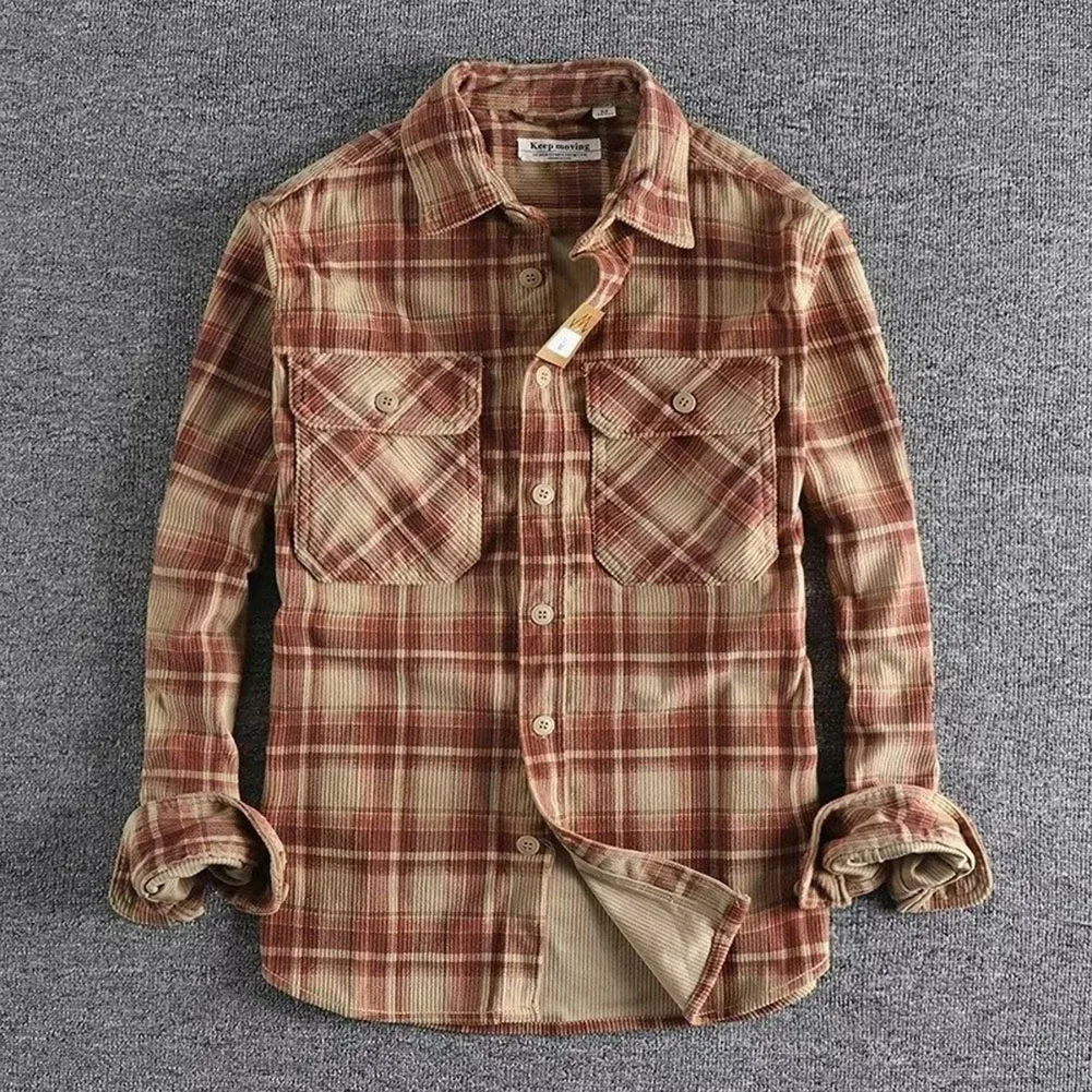 

Mens Spring Autumn Vintage Style Long Sleeve Plaid Washed Corduroy Shirt Comfortable All-Match Coat Artistic Trendy Male Shirt