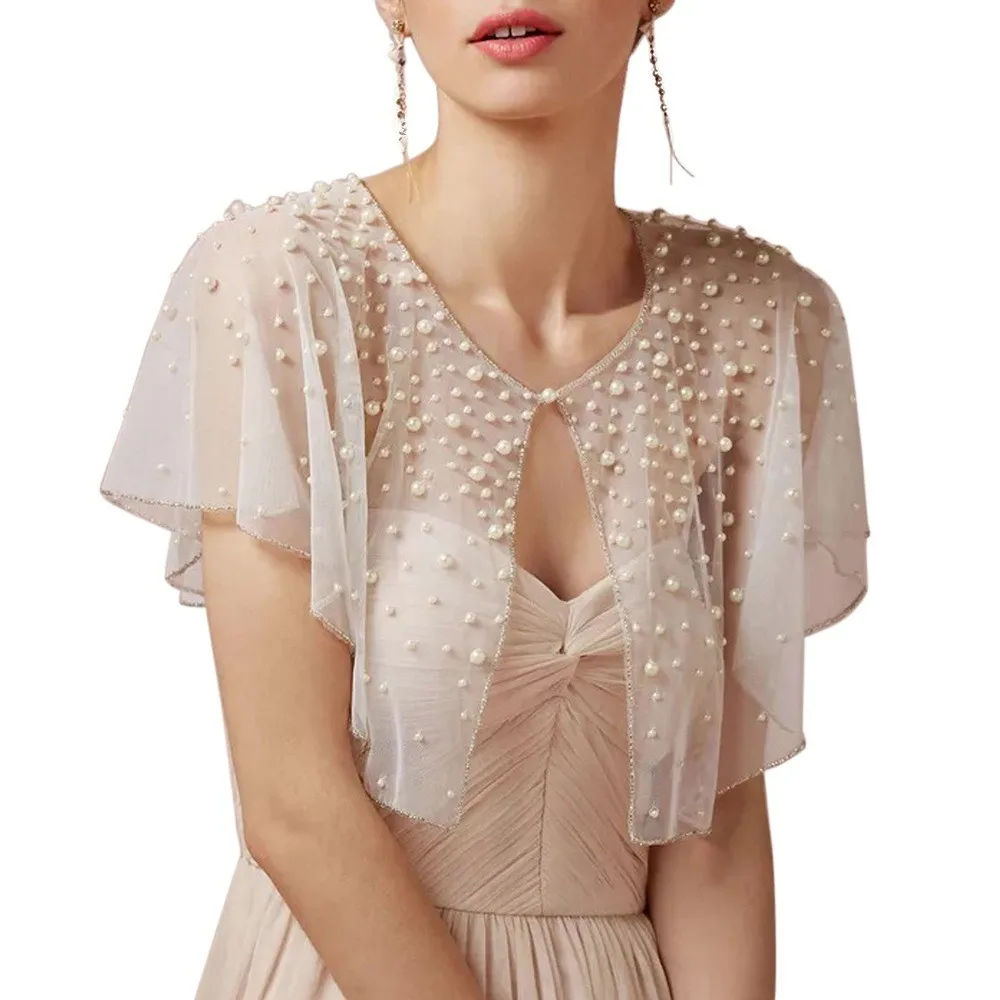 

Beaded Wedding Wrap Pearls Bridal Cape Tulle Cover Up Bride Shrug Women Party Jacket White Ivory Special Occasion Jacket