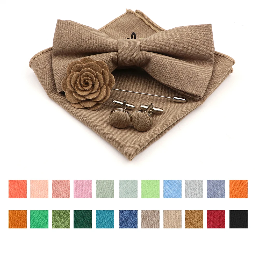 Neue klassische erwachsene Kinder Fliege Set Baumwolle einfarbig Taschentuch Manschetten knopf Brosche für Hochzeits feier Anzug Kleid Accessoires Geschenke