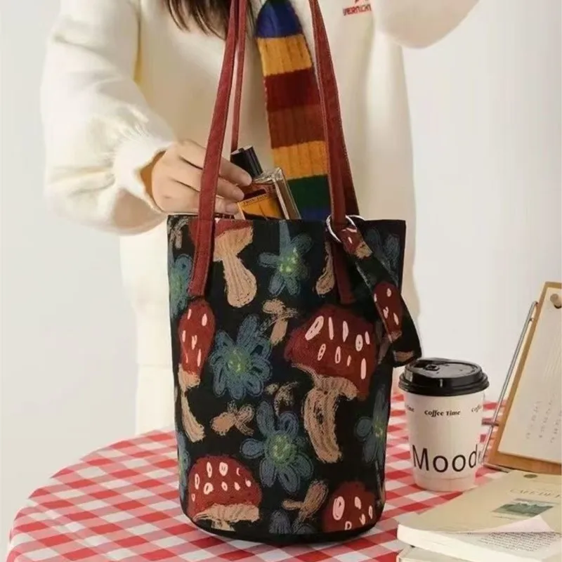 Mushroom Flower Doodle Bucket Handbag Women Black Large Capacity Canvas Shoulder Bag Ladies Cute Fun Shopping Tote Crossbody Bag