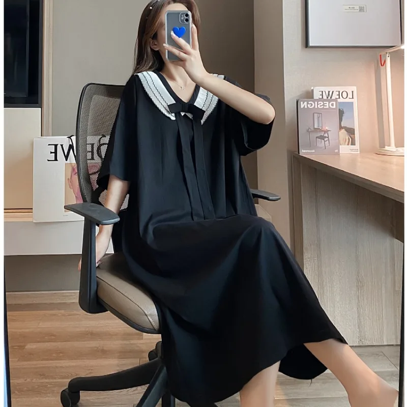 Oversized Weight 150kg Loose Thin Homewear Women Plus Size Midi Nightdress Summer Japan Girl Pajamas Short Sleeve Nighties 3XL