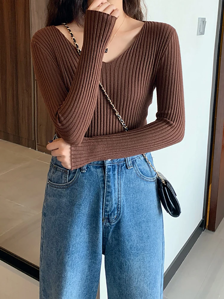 thumbnail image 1 of Jersey básico con cuello en B para mujer, jersey liso de otoño e invierno, suéter de punto acanalado, suéter ajustado de manga larga Badycon de alta calidad 2024, 1 of 5