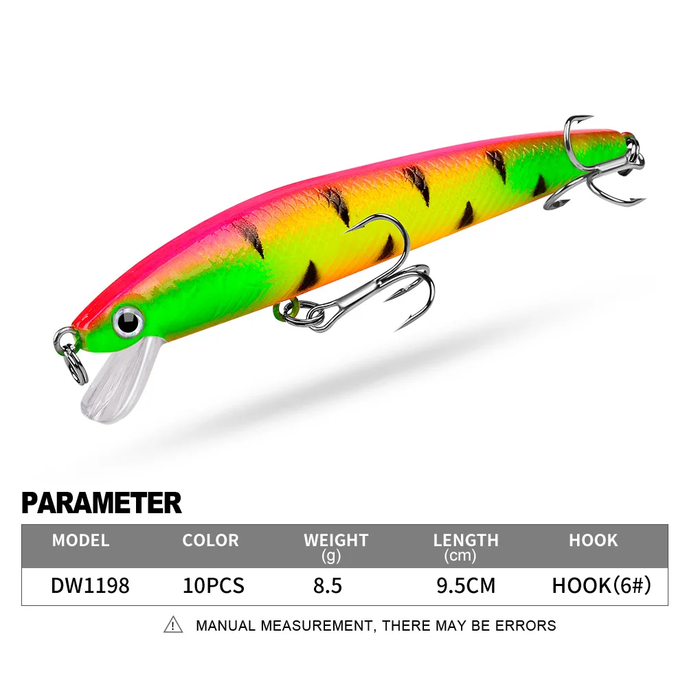 

PROBEROS 1pcs Fishing Lure 9.5cm 8.5g Hard Artificial Minnow Lures 10 Color Crankbait Fishing Baits 6# Treble hook DW1198