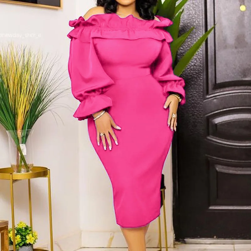 Sexy One Word Collar Ruffles Patchwork Puff Long Sleeve Solid Lady Autumn Off Shoulder Pleated Slim Plus Size Bag Hip Midi Dress