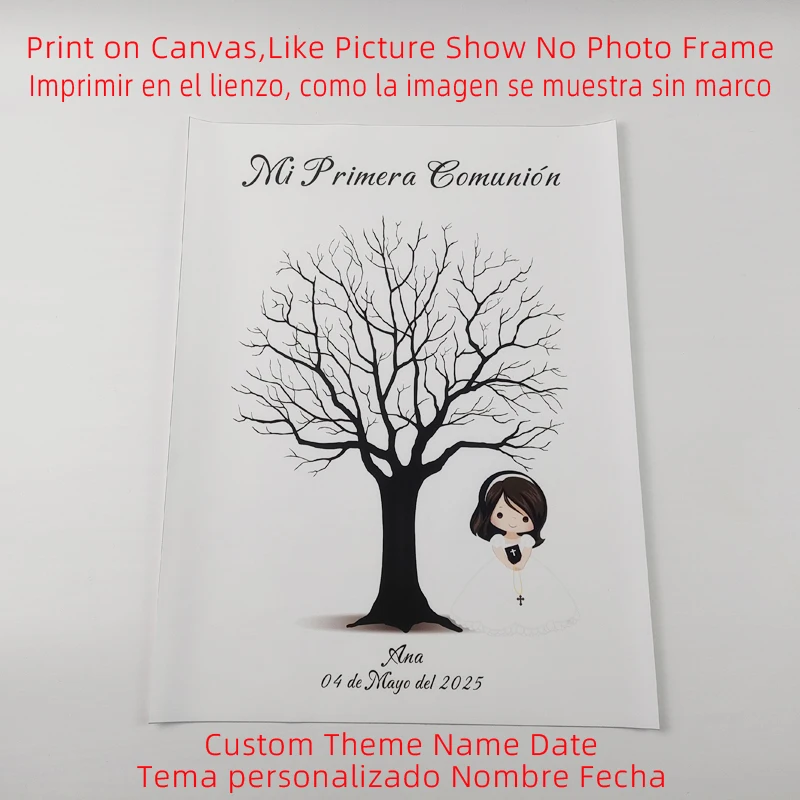 Custom Theme Name Date Spanish Mi Primera Comuni&oacute;n Fingerprint DIY Painting Signature Tree No Wood Frame Inkpad Included