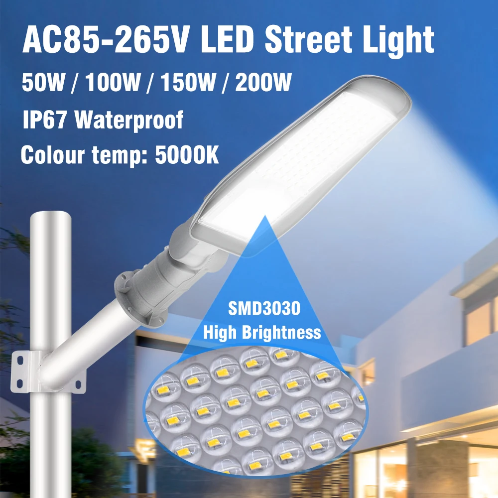 ?? 50/100/150/200W SMD3030 고휘도 AC85-265V IP67 방수 조절 가능한 램프 암 LED 가로등 (야외 환경용)
