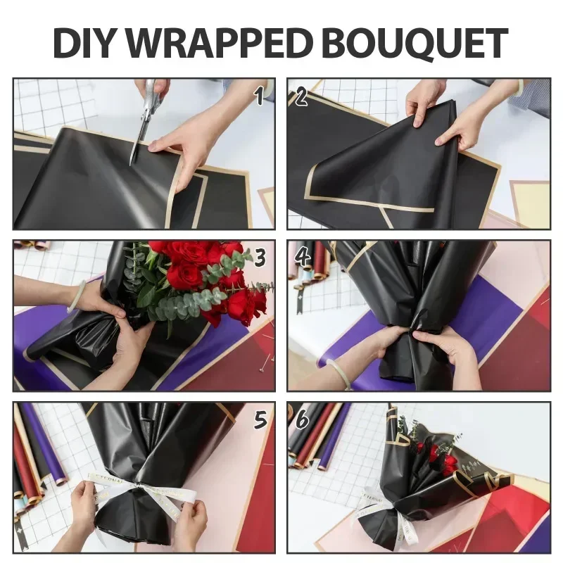 Black Flower Wrapping Paper With Golden Edges Korean Florist Bouquet Supplies Waterproof Packaging 20 Sheets