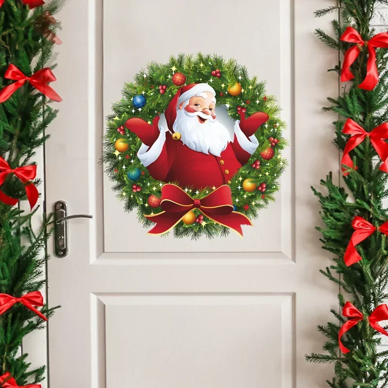 1 Pc Home Decor Christmas Wreath Santa Angel Xmas Tree Stikcers Wall Clings Sticker Waterproof Decals Santa Claus Wallpaper 2022