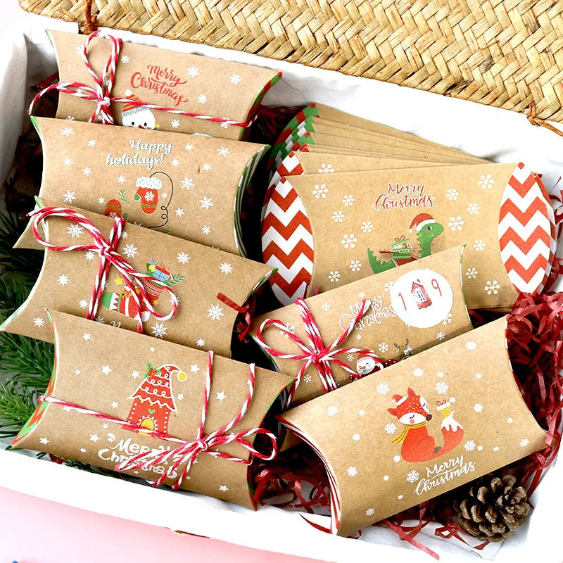 

24pcs Christmas Pillow Shape Candy Box Count Down to Merry Christmas Kraft Paper Gift Packaging Boxes New Year Navidad Favors