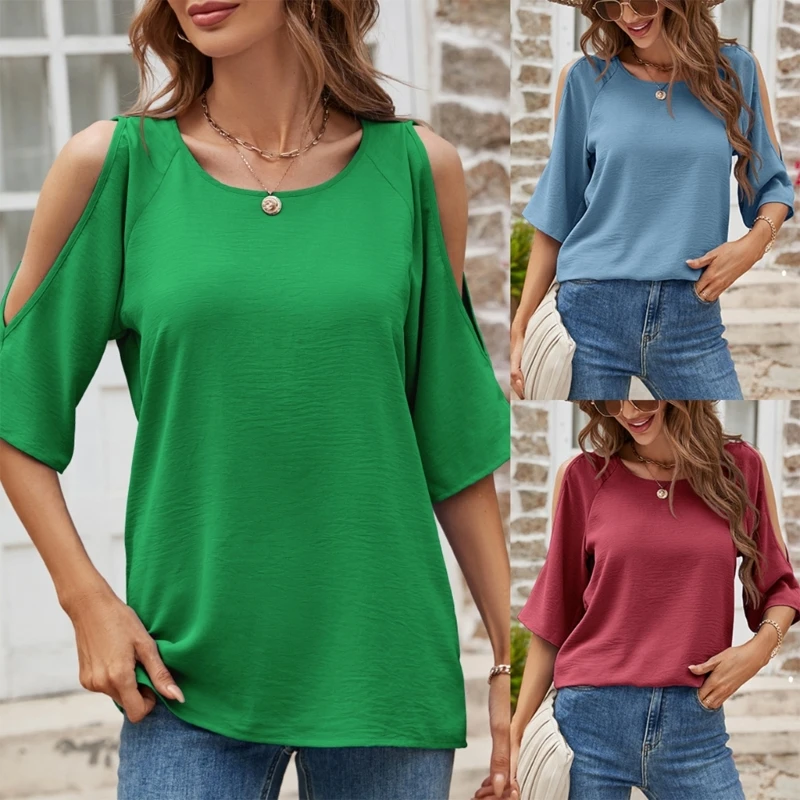 

Women Summer Casual Half Raglan Sleeve Loose T-Shirt Sexy Cutout Cold Shoulder Solid Color Pullover Blouses Tunic Top