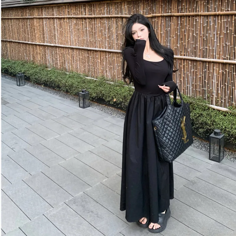 

French Long Sleeved Dress Women Autumn with Sense Temperament Slim Waist Black Lazy Large Swing Long Skirt Hepburn Style Skirt