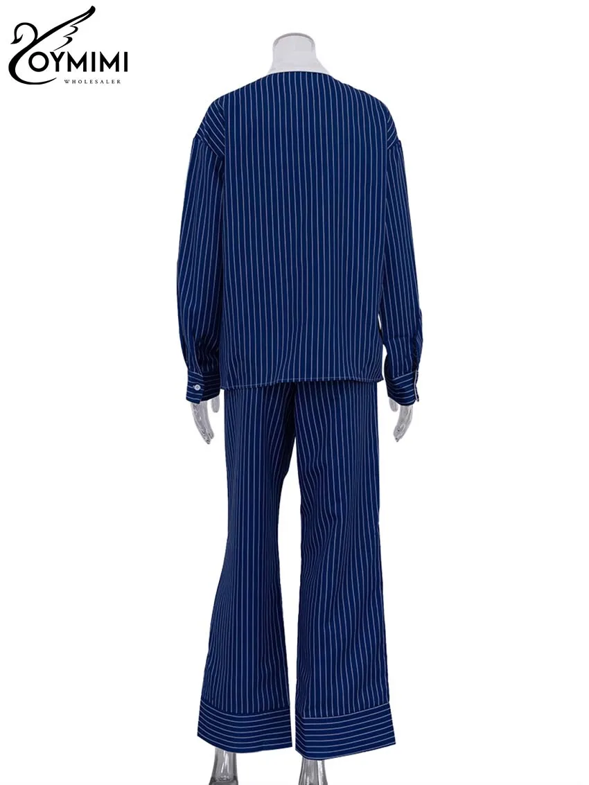 Oymimi Casual Blue Print 2 Piece Sets Women Outfit Elegant Long Sleeve Pockets Blouses And High Waist Straight Trousers Sets