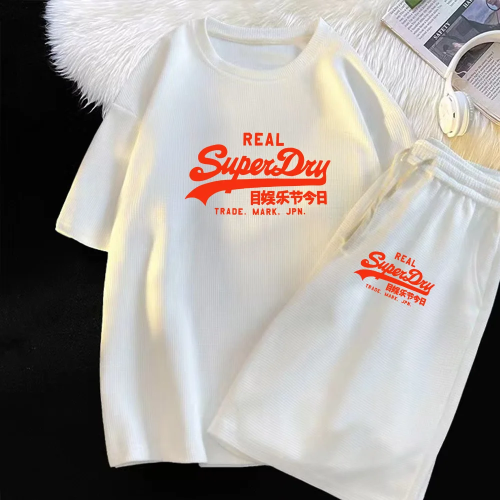 thumbnail image 1 of Conjunto de dos piezas de marca de verano con diseño de gofres para hombre, camisetas, pantalones cortos, traje deportivo, conjunto de jogging, chándal informal para hombre, conjunto masculino, 1 of 5
