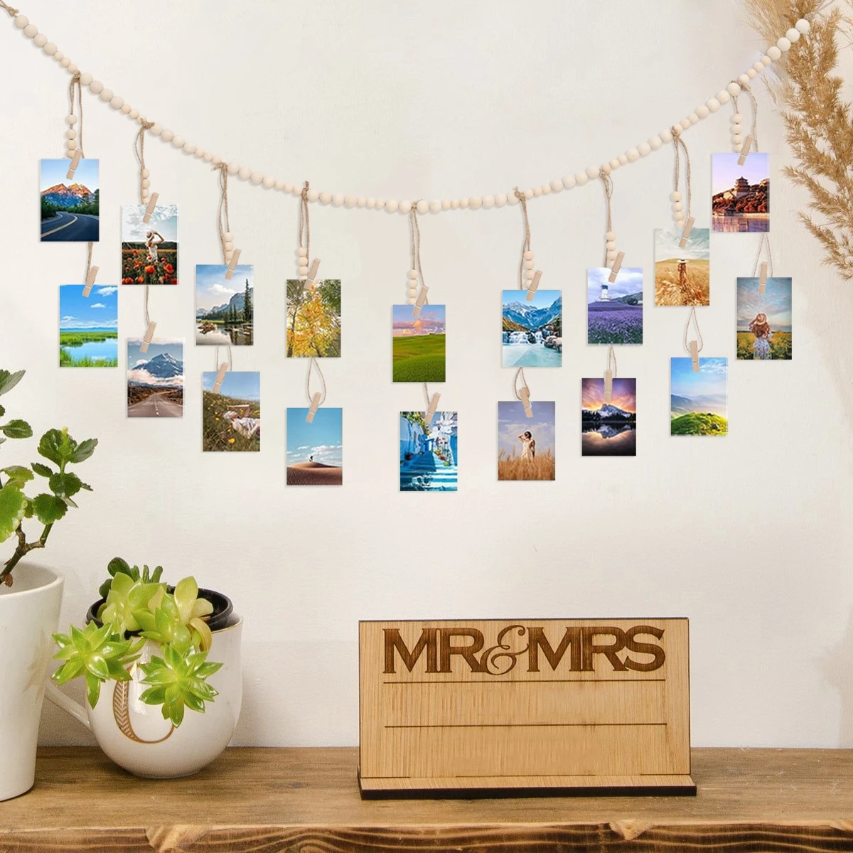 Hanging Photo Display Hanging Photo Display with Log Color Wooden Bead String Photo Storage Tassel String Hemp Rope Bead Clip Home Decoration