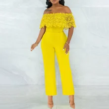 

Women Jumpsuit Fashion Lace Off The Shoulder Half Sleeve Elegant Office Lady Plain High Waist 2022 Spring Summer Female Overall