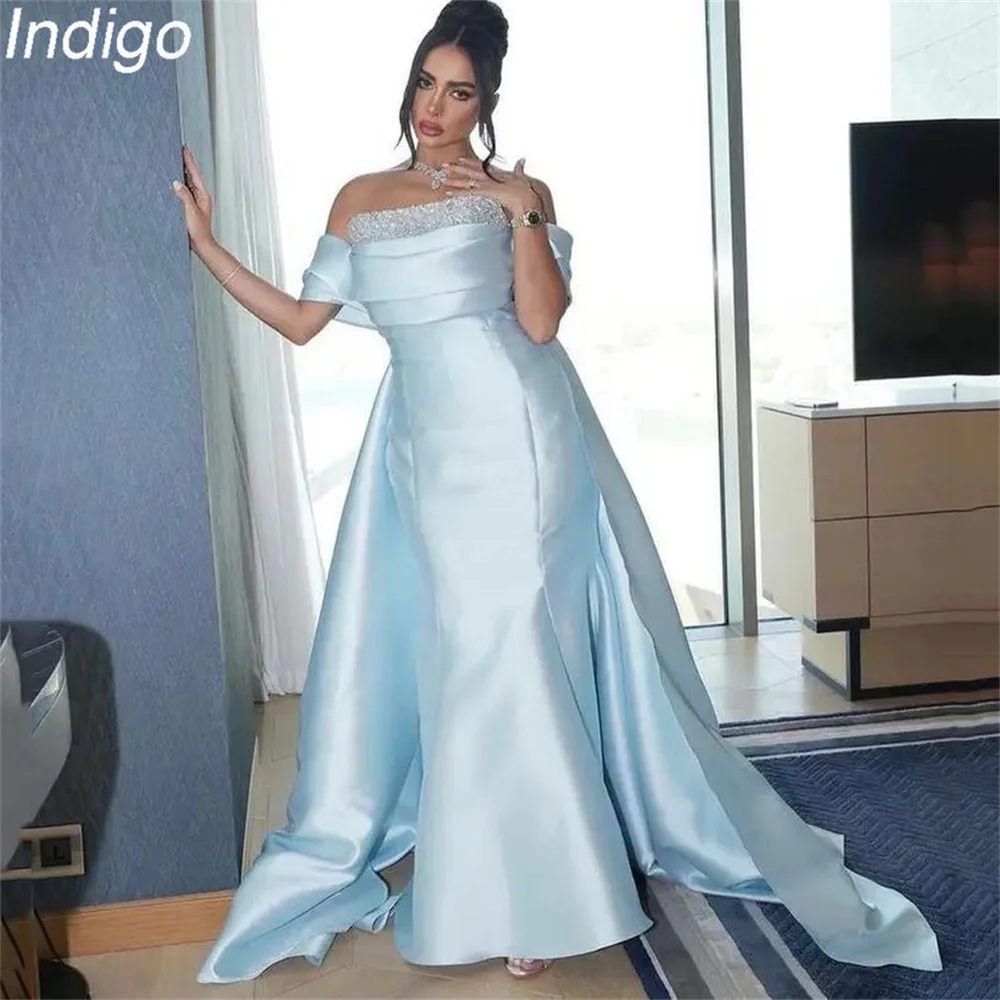 Indigo Prom Dresses Mermaid Off The Shoulder Strapless Beading Sweep Train Open Back Elegant Evening Gowns For Women فساتين الس