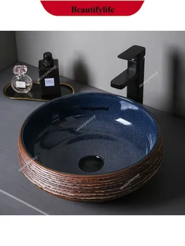 ตู้ห้องน้ำแบบตั้งพื้นพร้อมอ่างล้างหน้าเซรามิกทรงกลมสไตล์วินเทจสำหรับใช้ในบ้าน รุ่น D132 1