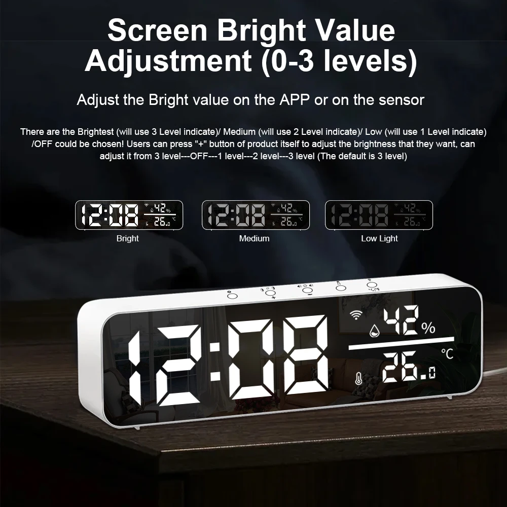 Alarm Clock Support Tuya WiFi Temperature Humidity Sensor Time Display USB Desktop Mirror LED Clocks for Living Room Decoration