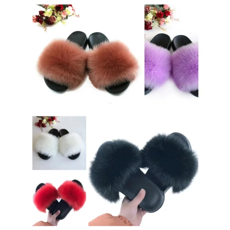 

Women's Summer Flip-flops, Artificial Imitation Fox, Imitation Raccoon Dog Fur, Fluffy Flat Comfortable Sandals, Flip-flops