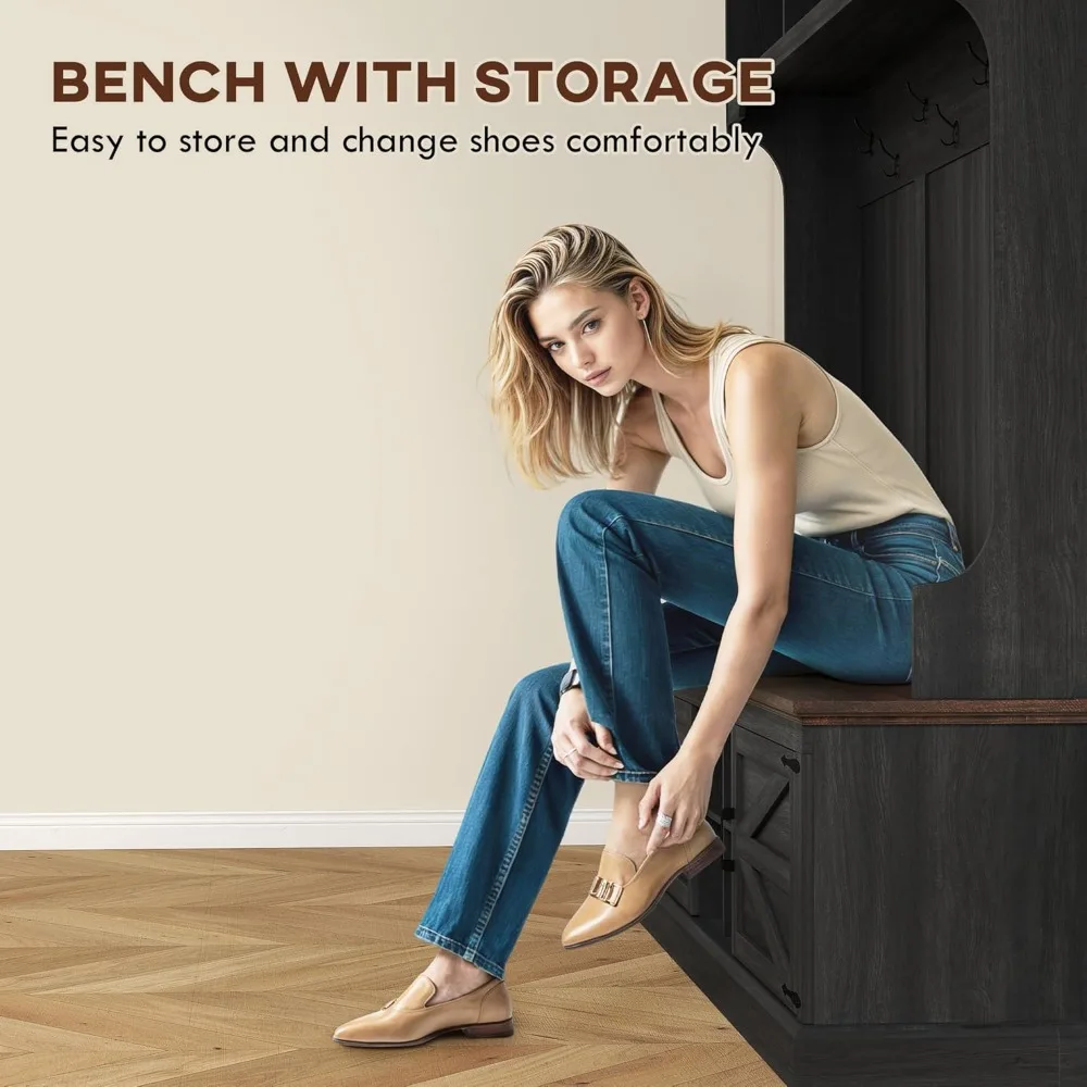 3-in-1 hall tree with storage, farmhouse coat rack with bench, standing shoe rack with seven hooks for entryway, black wood gra