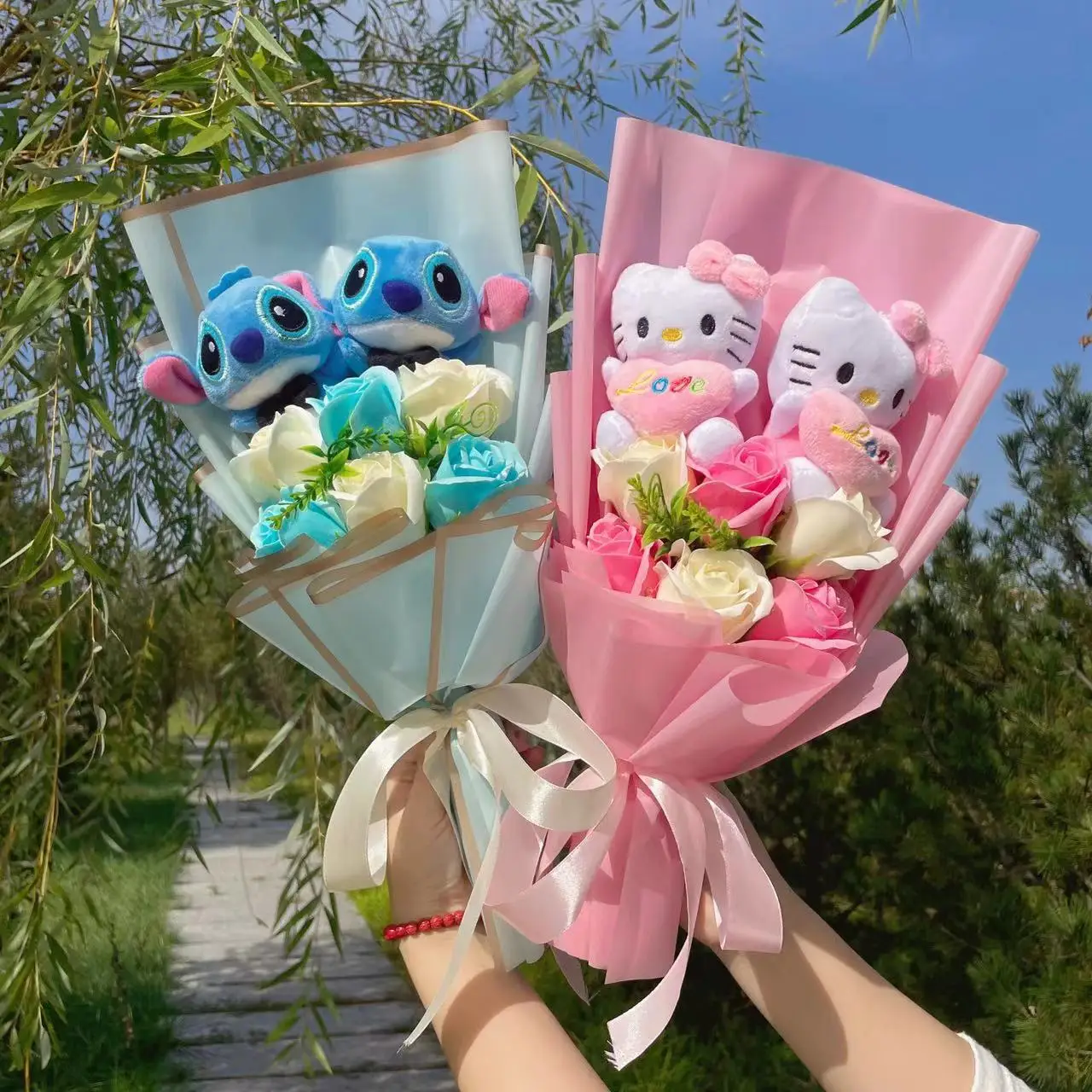 Cartoon Anime KT Cat Stitch Halloween Jack Skellington Plush Dolls Flower Bouquets Graduation Birthday Christmas Valentine Gifts 3