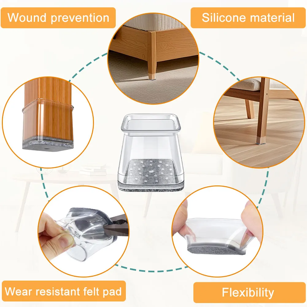 Transparent Gray Silicone Chair Leg Protectors with Felt Caps