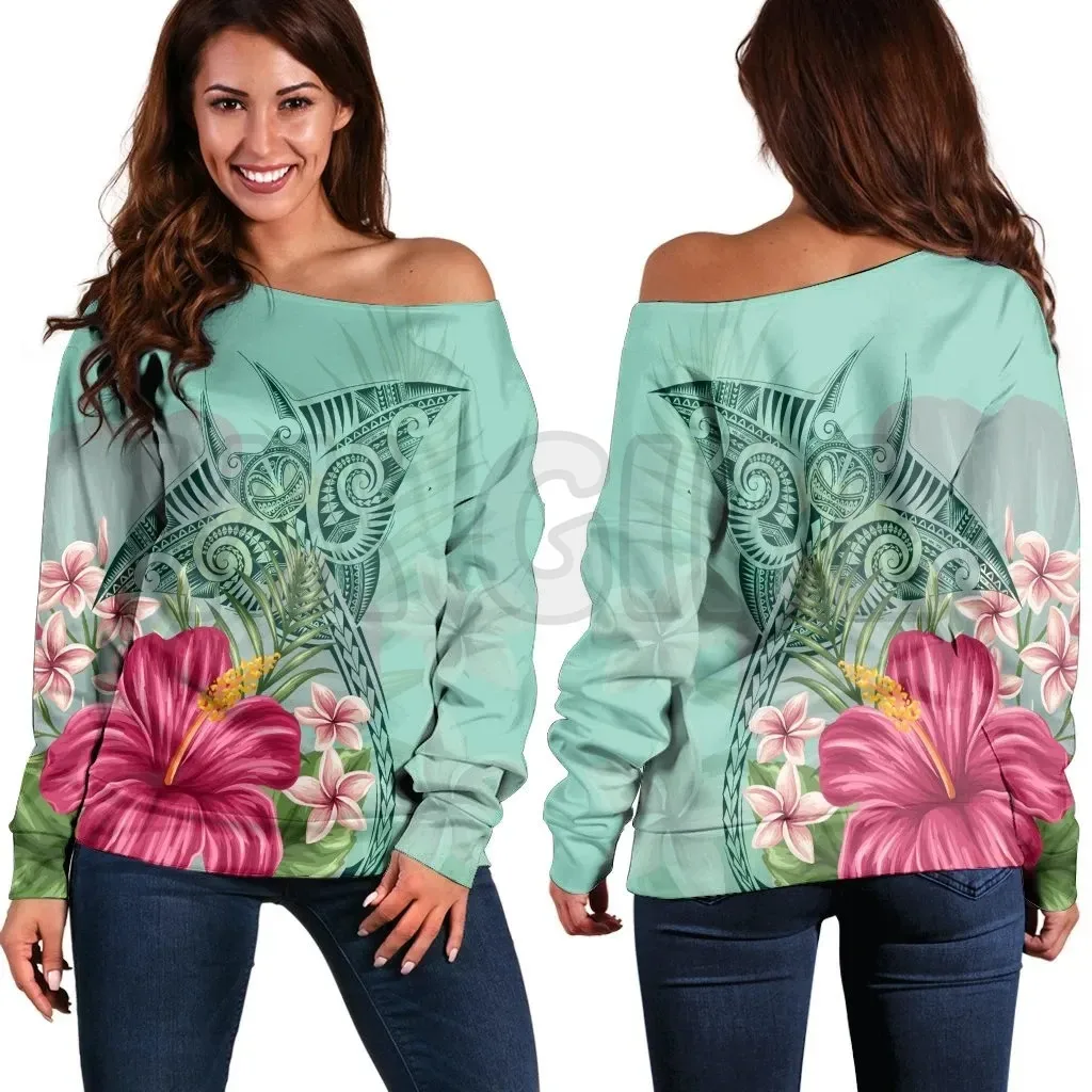 YX GIRL Hawaii Manta Ray Tropical Hibiscus Plumeria  3D Printed Novelty Women Casual Long Sleeve Sweater Pullover