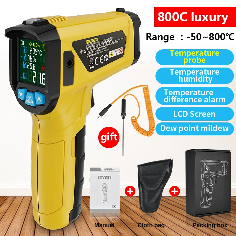 Termometro Infrarossi MESTEK IR02C – -50°C A 800°C, Laser, K-Probe, Umidità E Punto Di Rugiada, LCD Colori