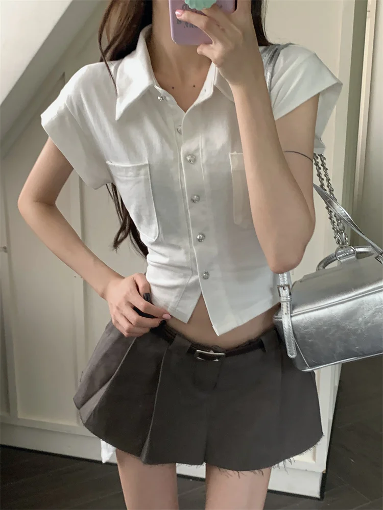 White Chic Short Sleeved Shirt Women's Summer Hot Girl Tight Fitting Shirt French Waist Mini Skirts Short Top wash denim patchwork color flare pants for women spicy girl streetwear 2023 autumn fashion high waist tight slim jeans