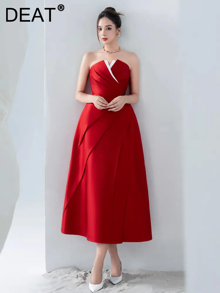 

DEAT Women's Fashion Evening Dress Strapless A-line Pleated High Waist Contrast Color Elegant Dresses Spring 2024 New 13DB5033