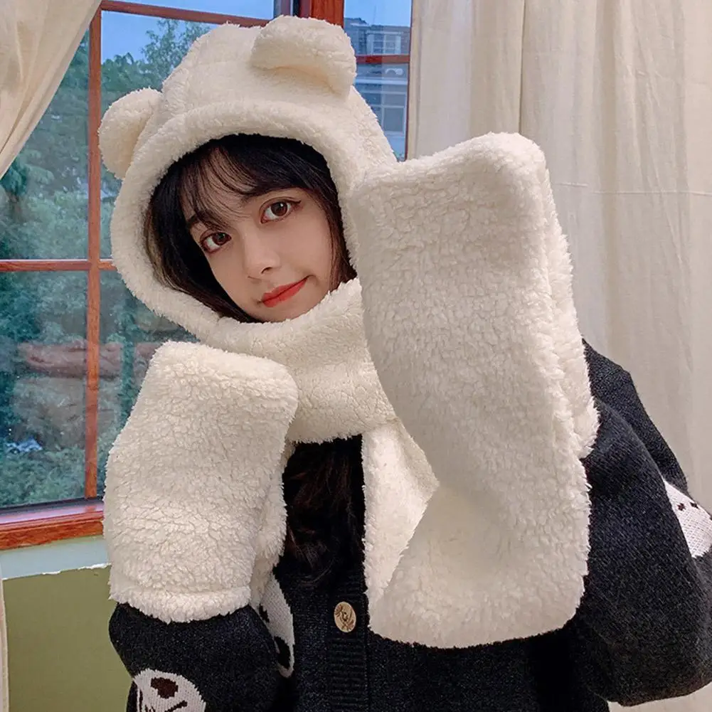 New Fashion Winter Women Novelty Beanies Caps Warm Bear Ear Hat Casual Plush Hat Scarf Set Casual Solid Women Caps Present