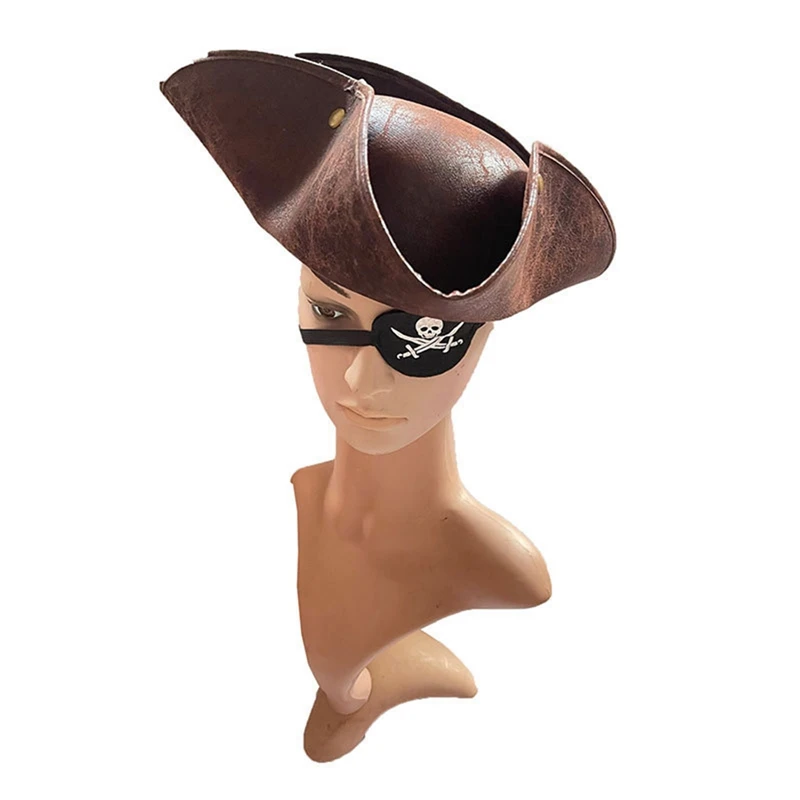 Brown Distressed Tricorn Hat Masquerade Party Men Women Faux Leather Pirate Costume Accessories Hats Cosplay Hats
