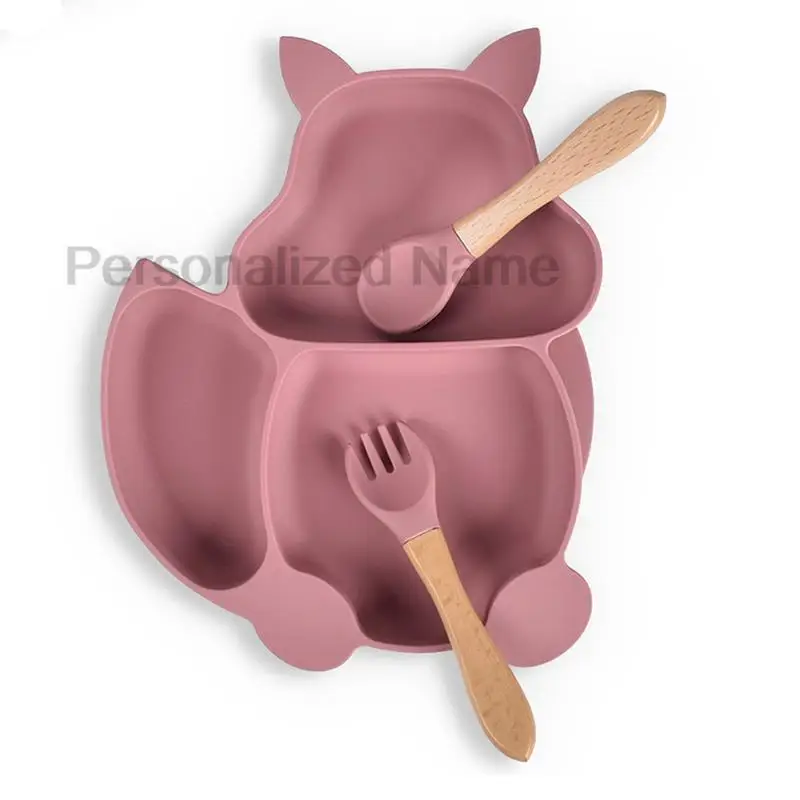 Free Custom Logo Baby Soft Silicone Sucker Bowl Plate Non-slip Squirrel Spoon Fork Sets Children's FeedingTableware  BPA Free 5