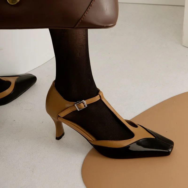 

Women Pumps French Style Shoes On Heels 6.5 CM Square Toe Cowhide Women Pumps One Strap Buckle Shoes Mixed Color Mary Janes