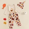 2024-07-23 Lioraitiin Baby Girls Boys First Thanksgiving Outfits Letter Print Long Sleeve Romper with Turkey Pattern Pants Set 2
