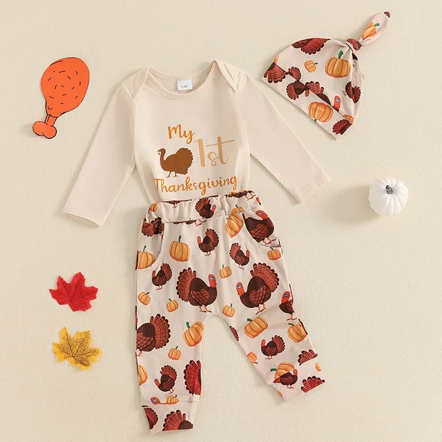 2024-07-23 Lioraitiin Baby Girls Boys First Thanksgiving Outfits Letter Print Long Sleeve Romper with Turkey Pattern Pants Set 2