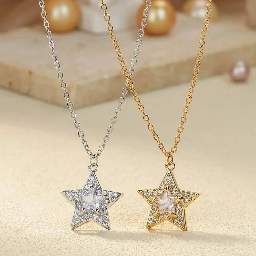 Zircon Stars Necklaces Gold Color Stainless Steel Crystal Star Pendant Necklace