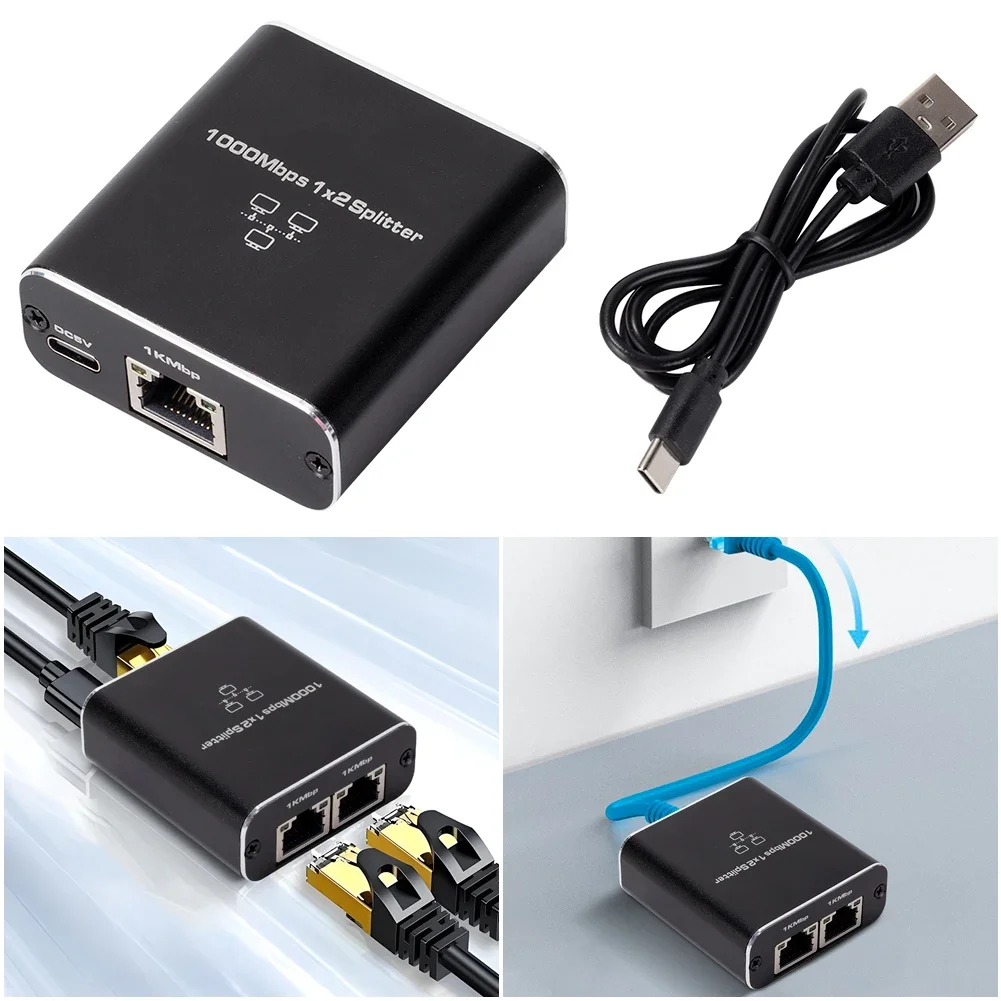 Black Aluminum Alloy Gigabit Ethernet Splitter for PC and TV
