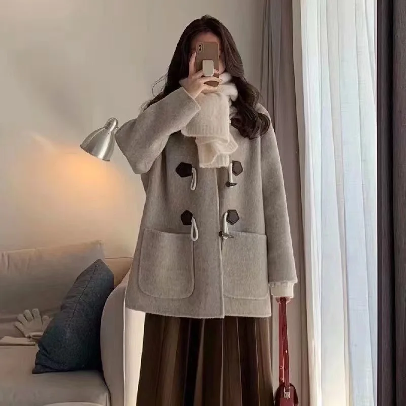 

Horn Button Hooded Woolen Coat For Women 2023 Autumn/Winter Wool Jacket Women's Clothing Loose Medium Length Student Sweet Coats