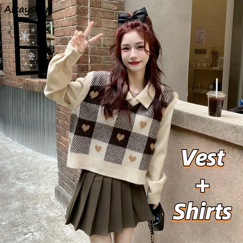 

Комплект из 2 предметов Женский вязаный, весенне-осенний, в клетку