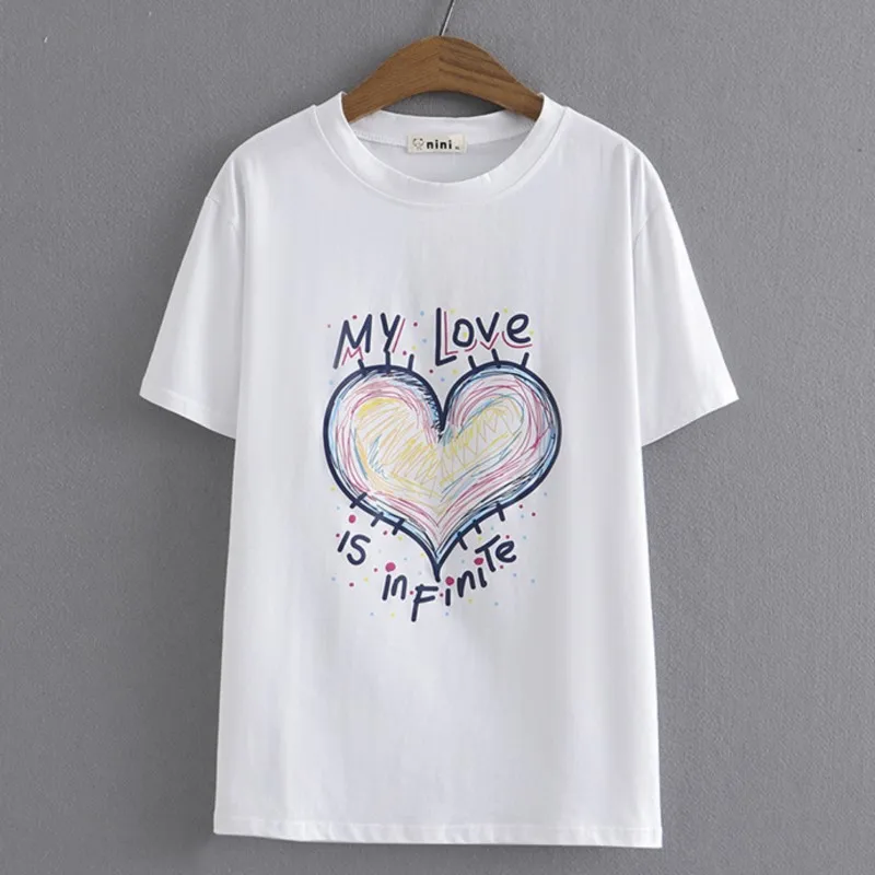 

Plus Size Women T-Shirt 2023 Summer Short Sleeve Combed Cotton Love Tops Loose Tees Oversized Curve Clothes J7-916