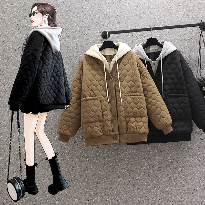 

Large women's cotton padded clothes 2022 spring new fat sister splicing fake two-piece cotton padded clothes jacket female