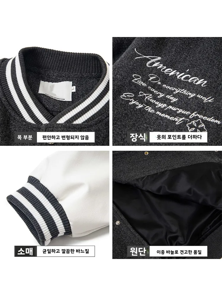고딕 스타일 PU 가죽 소매 야구 재킷 남성 패션 브랜드 산스크리트어 십자가 자켓 V넥 지퍼 클로저 레귤러 핏