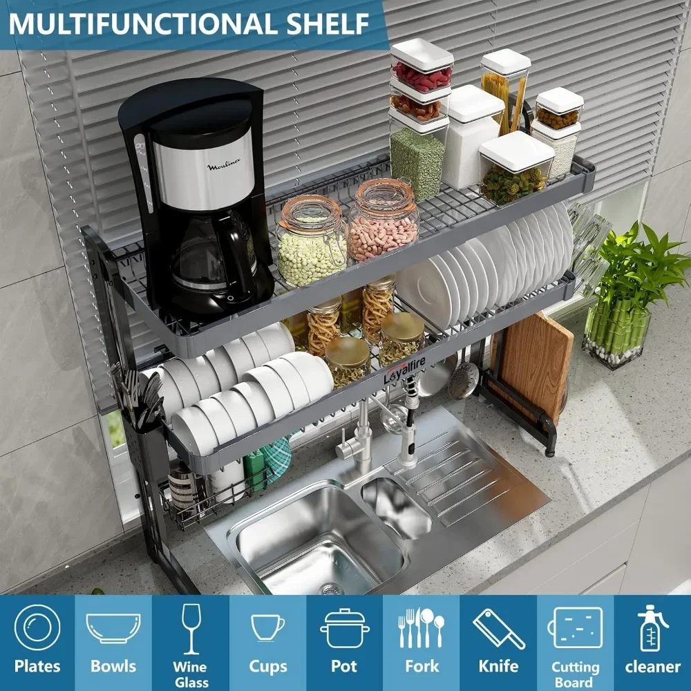 Over Sink Dish Drying Rack, 3 Tier Adjustable Length (20.87'' to 37.6'') Stainless Steel Large Storage Kitchen Dish Rack 2
