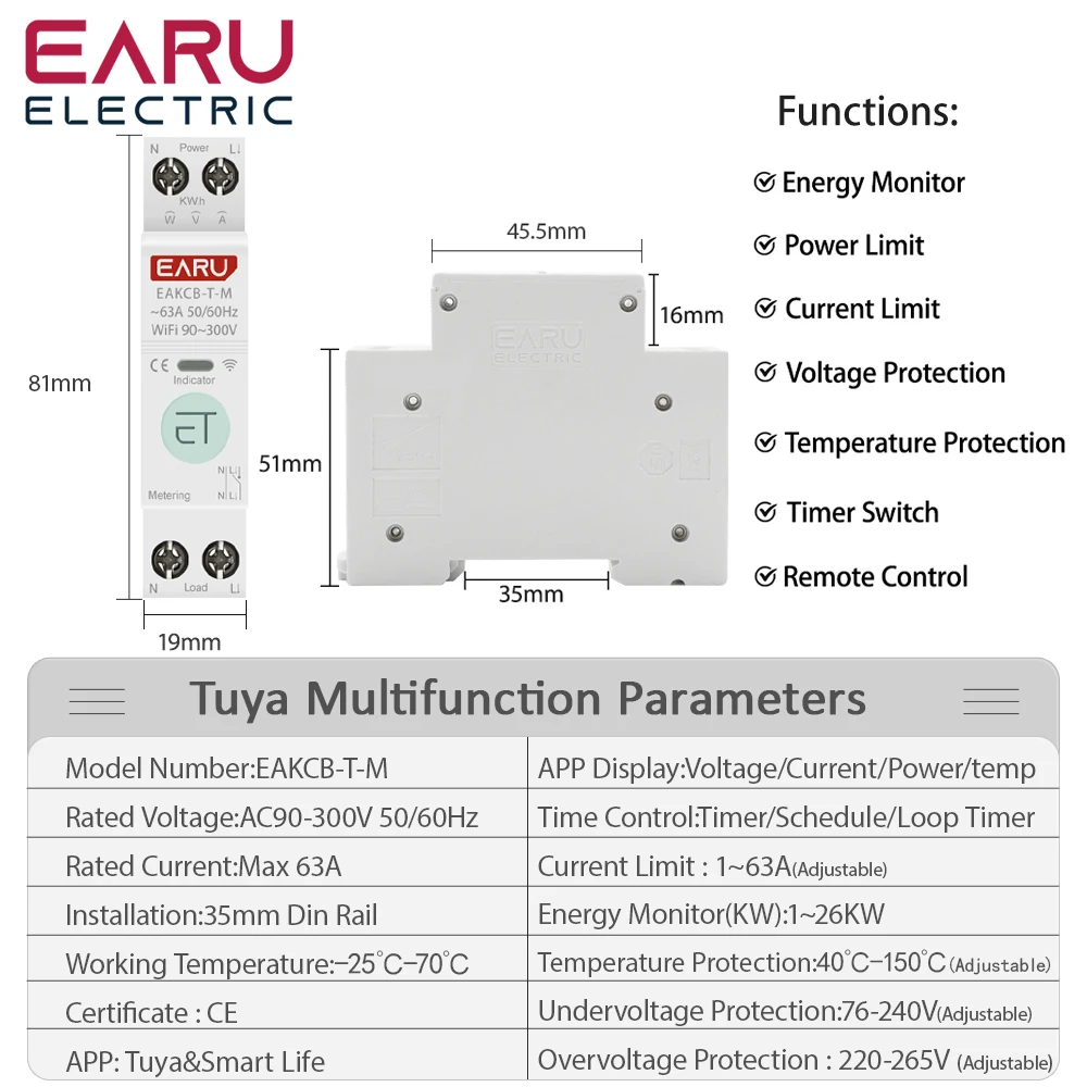 Tuya eWeLink APP 63A 1P+N WIFI Smart Switch Circuit Breaker Kwh Energy Meter Monitor Timer Relay MCB Voltage Current Protection