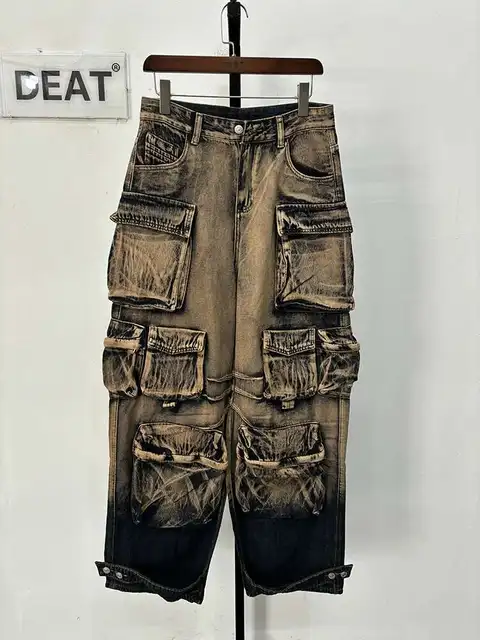 【ROMANTIC CROWN】24SS★ DAMAGE MULTI POCKET DENIM PANTS DEAT Fashion Gradient Multiple Pockets Design Jeans Women's