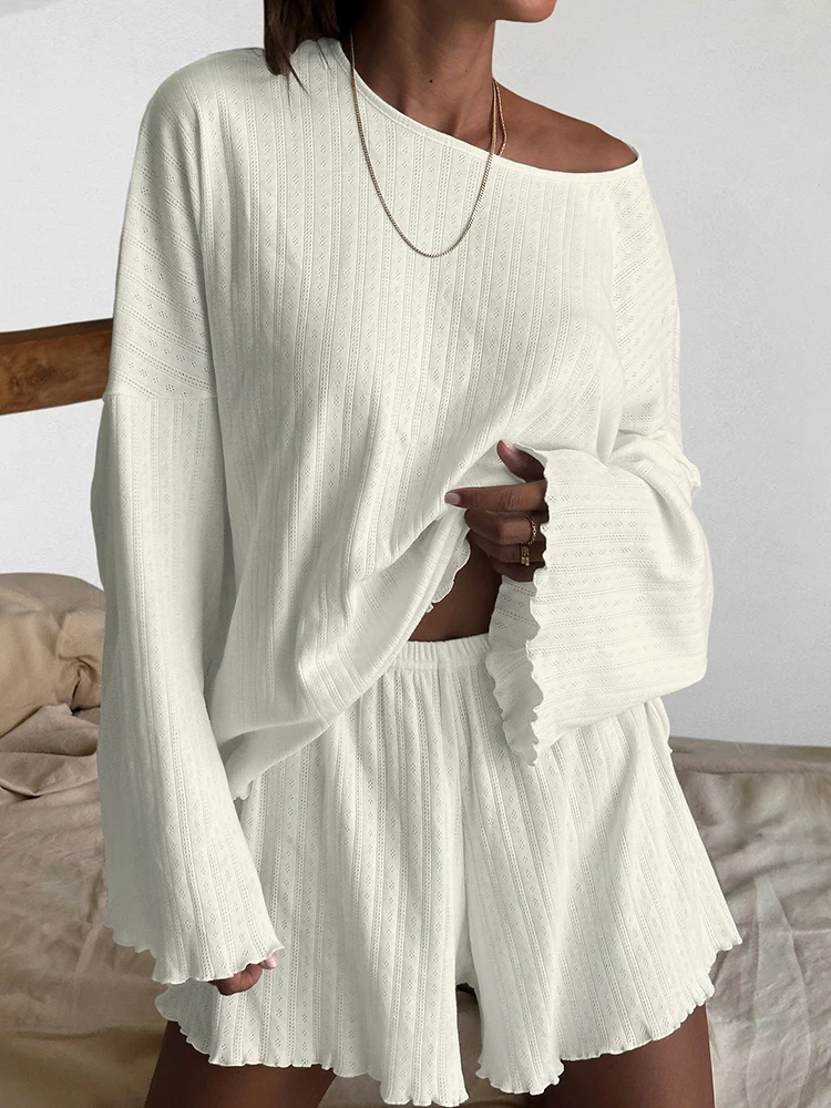 

Свободная Женская домашняя одежда Hiloc, комплект из 2 предметов, вязаная пижама с длинным рукавом, женские повседневные Костюмы с шортами, летняя Пижама 2024