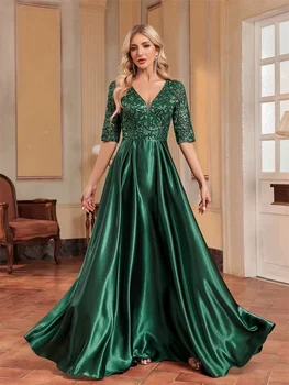 Luxury Short Sleeve Green Satin V-Neck Evening Dress Women Sequin elegant Party Prom Floor Lenght Cocktail Graduation Gowns 1