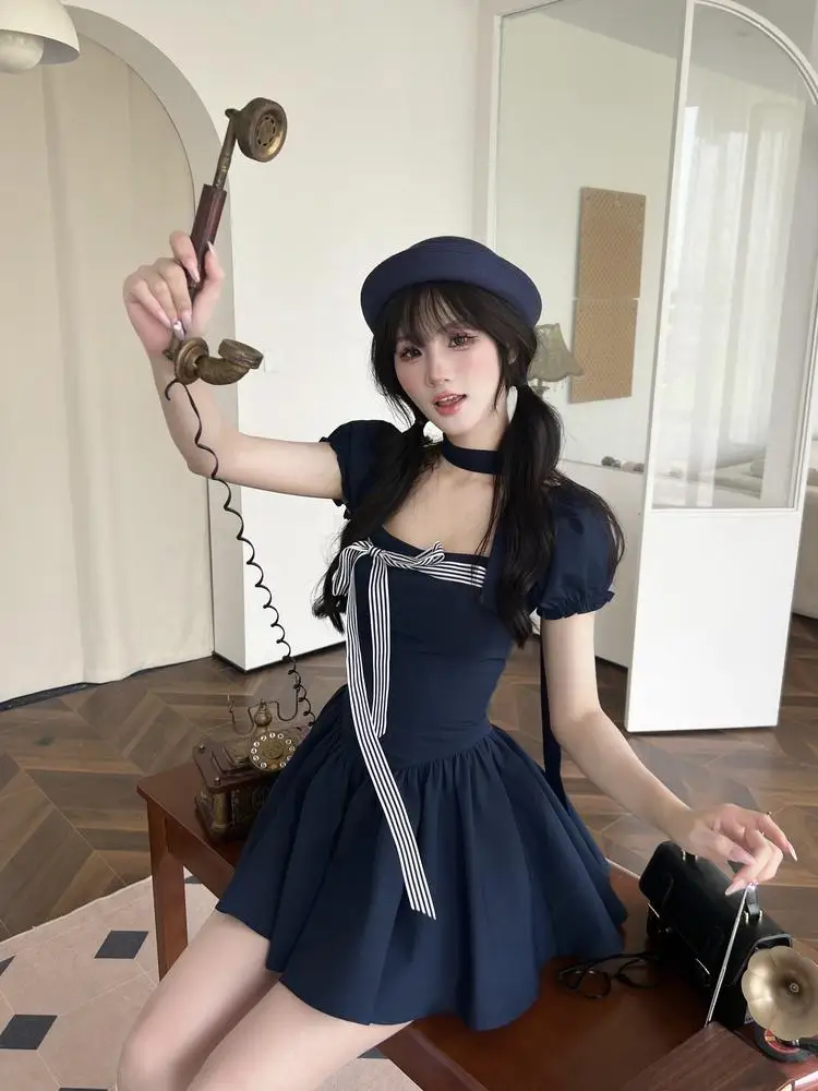 Vestidos cortos Y2K para mujer, cuello cuadrado, mangas abullonadas, volantes, corte A, liso, moda coreana de verano, dulce, de una pieza, Vestido para mujer